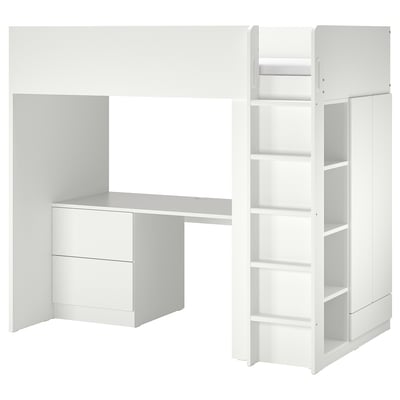 White SMÅSTAD loft bed with desk, drawers, and shelves. Modern, compact design for small spaces.