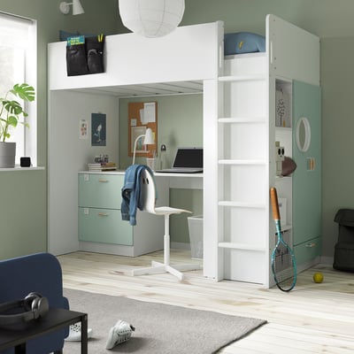 SMÅSTAD loft bed with desk, storage, and mirror wardrobe. Maximises space with modern design.
