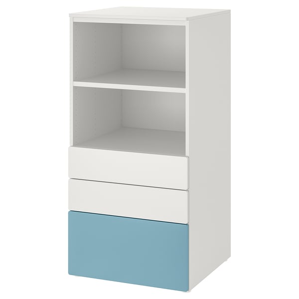 SMÅSTAD bookcase - white & blue, open shelves, drawers, fiberboard & steel