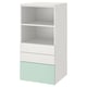 White SMÅSTAD bookcase with pastel green drawers, rectangular shape, with open shelves and storage drawers.