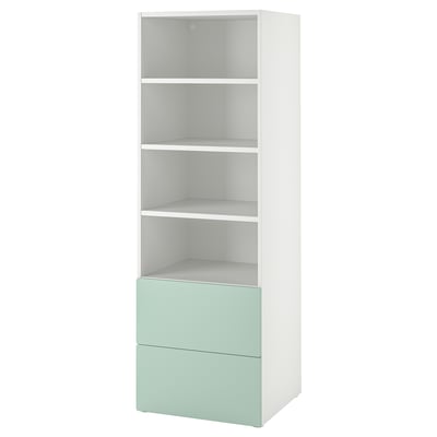 White and light green kids bookcase with open shelves and drawers.