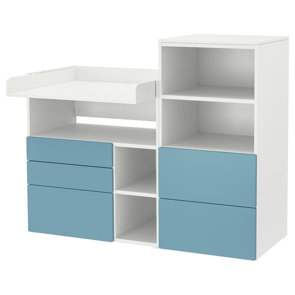 White and blue kids storage unit with shelves and drawers.