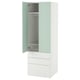 A white and light green SMÅSTAD wardrobe with three drawers and an open door revealing a hanging rod and wire basket inside.
