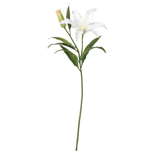 White artificial lily with green leaves, made from recycled plastic.