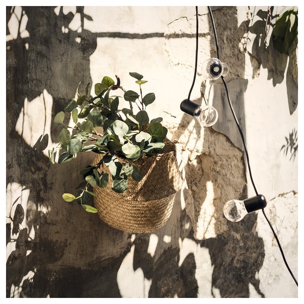 Hanging basket with fake greenery near light bulbs; white flowers, woven basket.