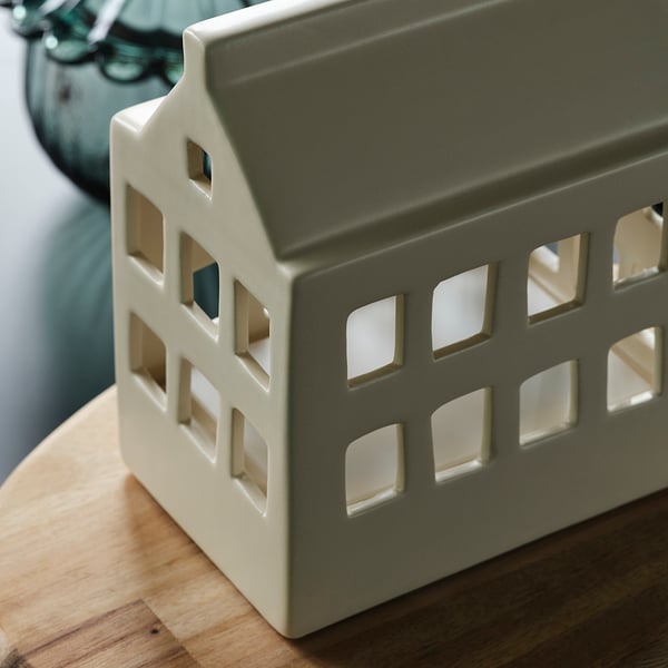 SNÖSISKA LED table decoration, battery operated house/ceramic white, 16 cm