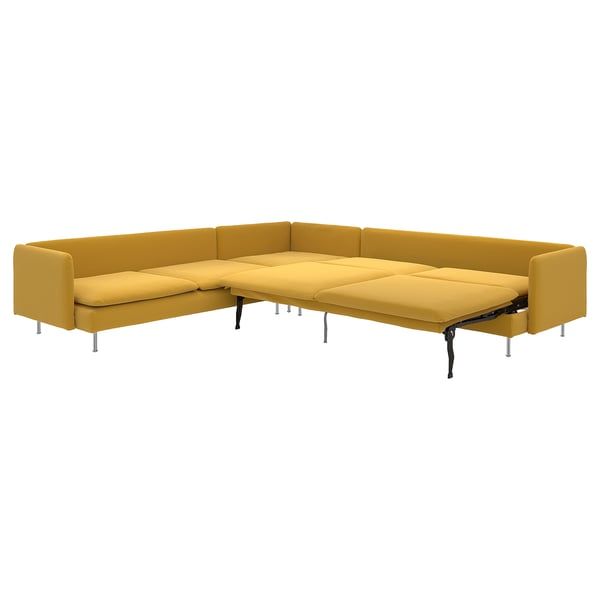 Bright yellow l-shaped sofa bed, modern design with slim lines and high legs.