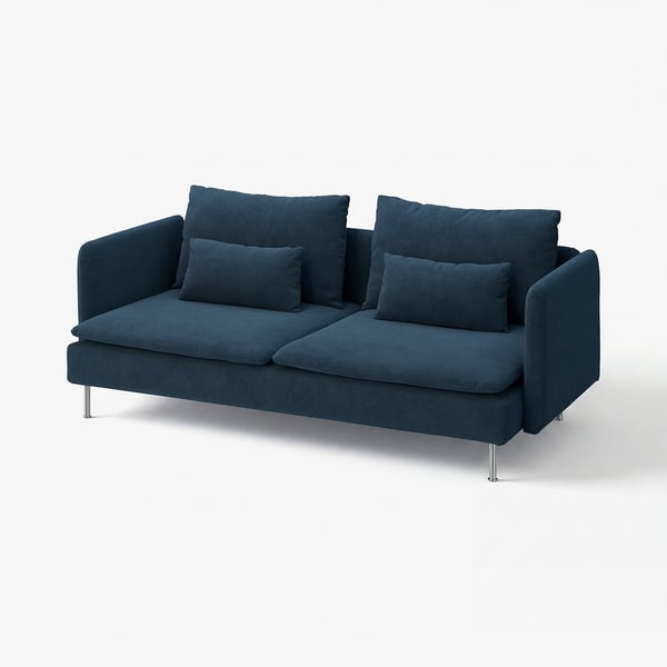 SÖDERHAMN teal sofa, deep seats, metal legs, three cushions, modern.