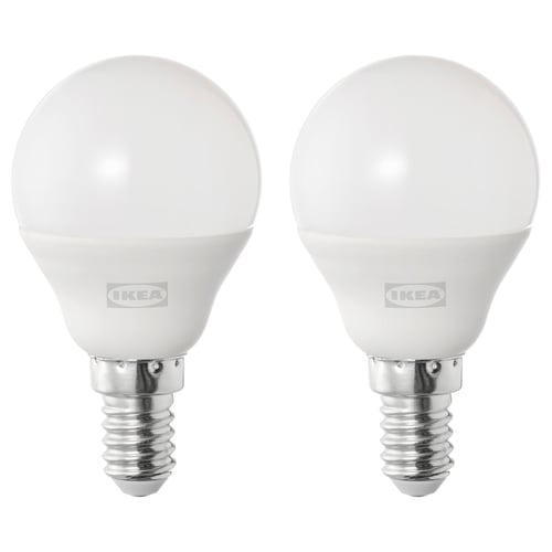 Two ikea SOLHETTA warm-white led bulbs, round, silver base.