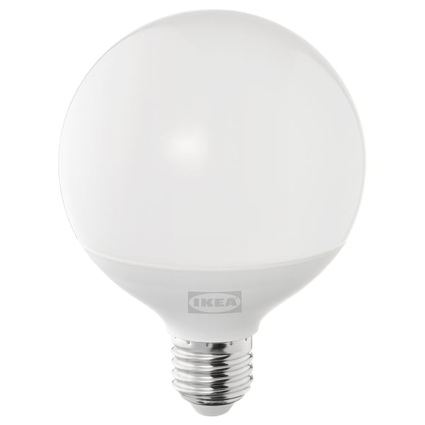 IKEAs SOLHETTA led bulb, warm-white, spherical, plastic, dimmable.