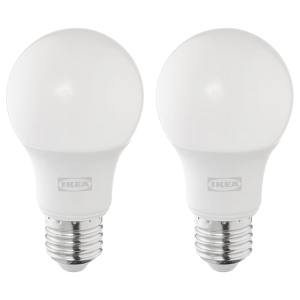 Two ikea SOLHETTA led bulbs, white, spherical shape with a silver base, dimmable, warm-white light.