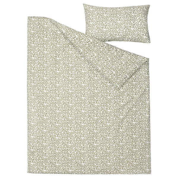 SORGMANTEL bedding set: cream, green leaves, cotton-polyester blend, rectangular.