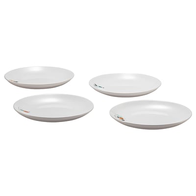 Four white porcelain plates with colourful rim designs, arranged in a square. Perfect for serving asian dishes, bread, or desserts.