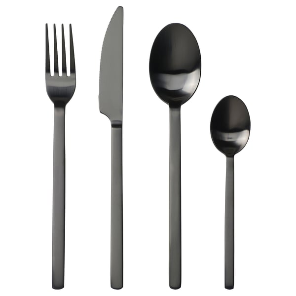Stockholm black cutlery set: fork, knife, spoon, teaspoon. Matte black stainless steel, minimalist design.