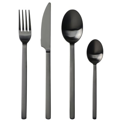 Stockholm black cutlery set: fork, knife, spoon, teaspoon. Matte black stainless steel, minimalist design.