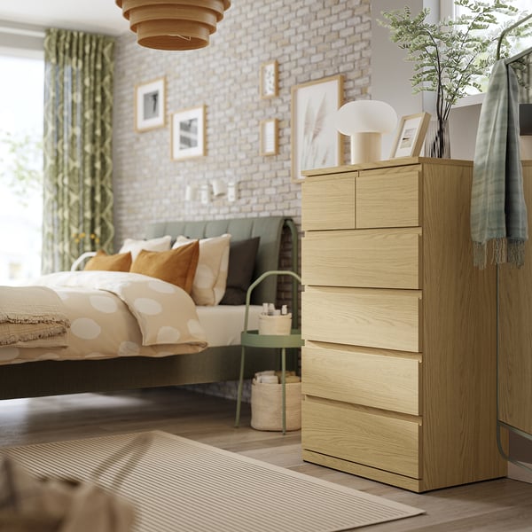 STORKLINTA 6-drawer dresser, oak effect, 70x50x120 cm