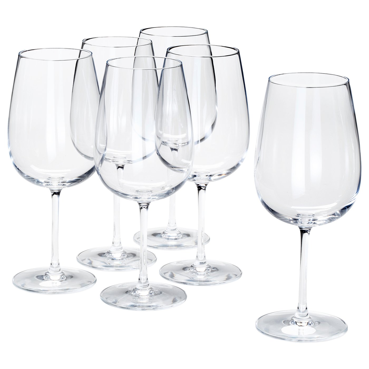 Six clear STORSINT crystal glasses, elegantly shaped with long stems and narrow opening, perfect for wine or spirits.