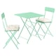 A mint green metal patio set with cushioned chairs, perfect for small spaces.
