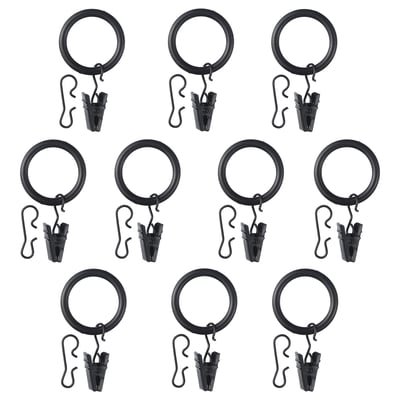 Twelve black curtain rings with hooks and clips, arranged in rows, made of abs plastic and steel, designed for easy curtain hanging.