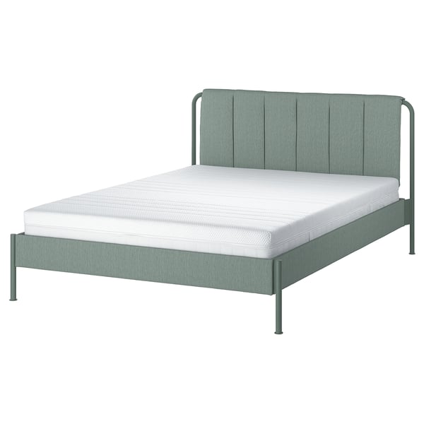 Modern TÄLLÅSEN bed in grey-green with metal frame, upholstered headboard, and clean lines.