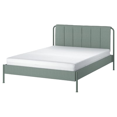 Modern TÄLLÅSEN bed in grey-green with metal frame, upholstered headboard, and clean lines.