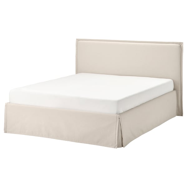 TÄRNKULLEN bed: beige, upholstered headboard, light wood frame, simple design.