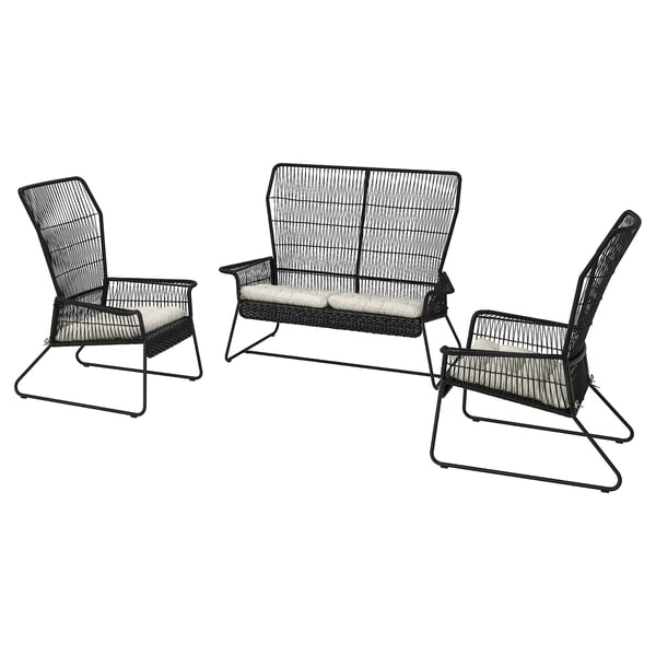 Black outdoor furniture set with wicker seats and cushions, including a 2-seat sofa and two armchairs.