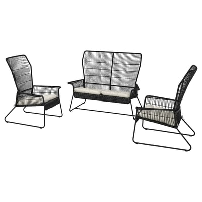 Black outdoor furniture set with wicker seats and cushions, including a 2-seat sofa and two armchairs.