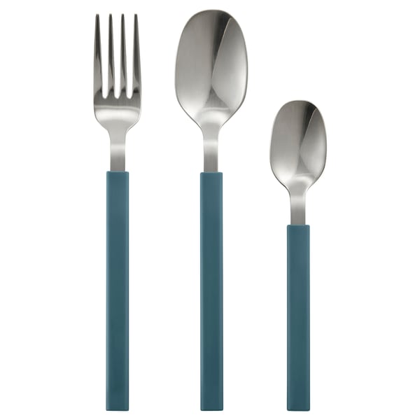 TÅNGMÄRLA 3-piece cutlery: fork, spoon, teaspoon in blue.
