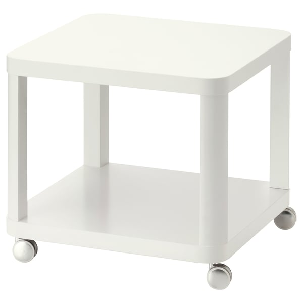 White rolling table, square top, minimalist design, four casters.