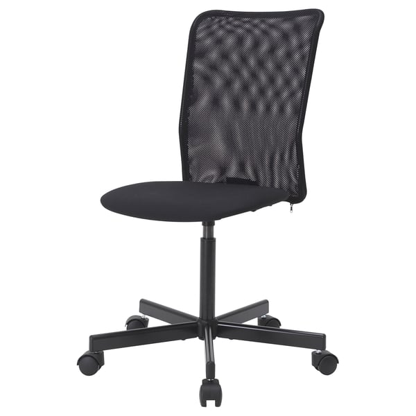 TOBERGET black office chair, mesh back, adjustable height, five wheels.