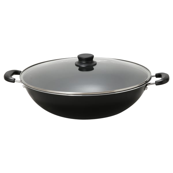 Black TOLERANT wok with lid, aluminium, ceramic non-stick, two handles, glass lid, ideal for daily cooking.