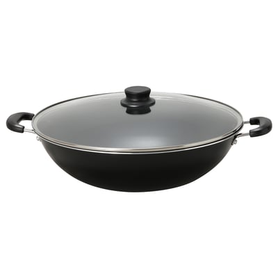 Black TOLERANT wok with lid, aluminium, ceramic non-stick, two handles, glass lid, ideal for daily cooking.