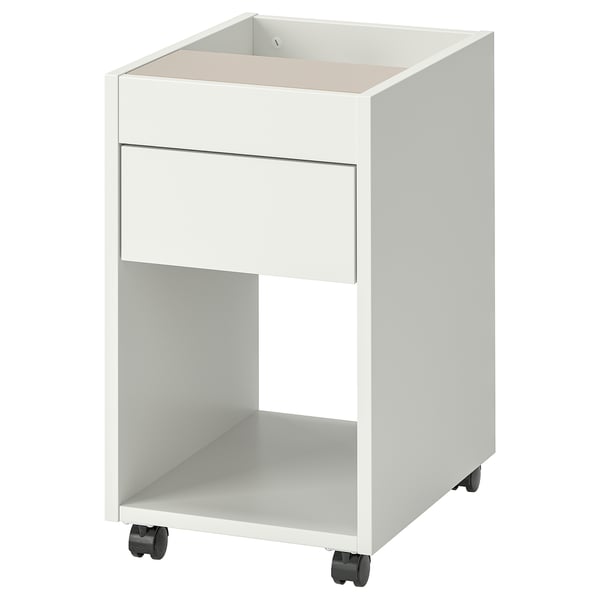 A TONSTAD white rolling cabinet with one drawer and open storage, showcasing minimalist design and functionality.