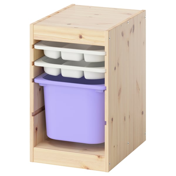 TROFAST storage in light wood with purple bin & white trays for kids items