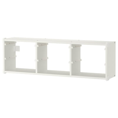 A white TROFAST storage frame. Its a minimal design with a rectangular shape, made from paper foil and particleboard. Ideal for organising items.