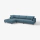 Blue UPPÅKRA sectional sofa, modern design with deep cushions, made of soft recycled polyester fabric, l-shaped with dark wooden legs.