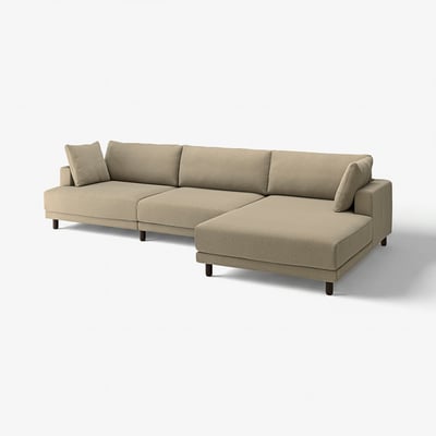 UPPÅKRA beige sectional sofa with chaise, modern design, upholstered in soft fabric with wooden legs.