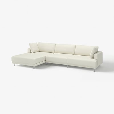 The UPPÅKRA sofa is a sleek, modern cream-colored sectional with clean lines and oversized cushions, resting on chrome legs.