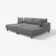 Modern grey l-shaped sectional sofa with wooden legs, soft cushions, and minimalist design.