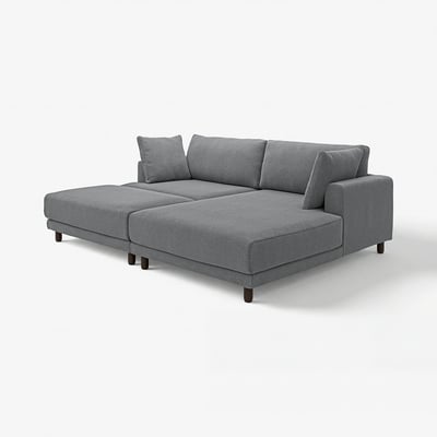 Modern grey l-shaped sectional sofa with wooden legs, soft cushions, and minimalist design.