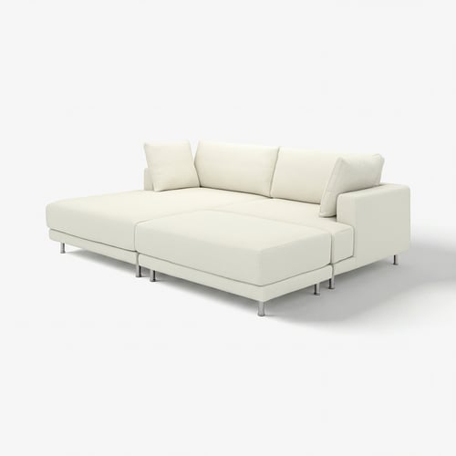 Modern white sectional sofa with clean lines, plush cushions, and metallic legs.