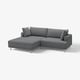 Modern l-shaped grey fabric sofa, with plush cushions, clean lines, and metal legs.
