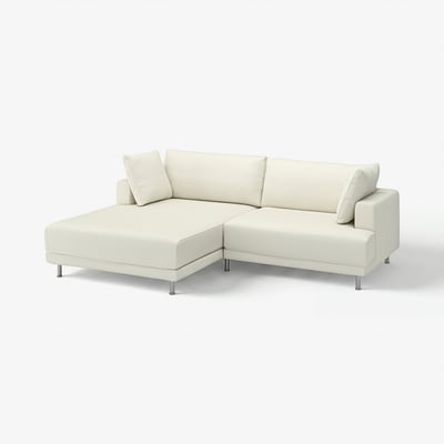 A modern cream-colored l-shaped sectional sofa with clean lines and plush cushions for ultimate comfort.