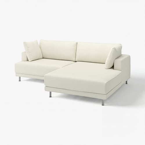 Clean, modern, l-shaped cream sofa, UPPÅKRA, with plush cushions and slim chrome legs.