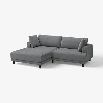A grey UPPÅKRA sectional sofa with a modern design. It a corner module and a chaise, with thick cushions and wooden legs.