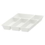 White plastic kitchen drawer organiser with six compartments for cutlery.