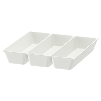 White UPPDATERA plastic cutlery tray, 3 compartments, rounded corners.