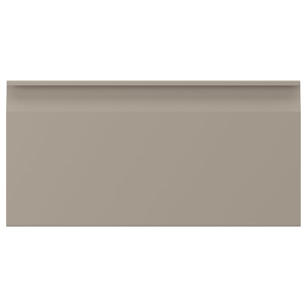 A beige kitchen cabinet with a sleek, modern design, featuring integrated handles and clean lines.
