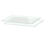 Clear glass shelves, UTRUSTA. Two transparent, rectangular, tempered glass plates with metal supports. Modern, minimalist design.